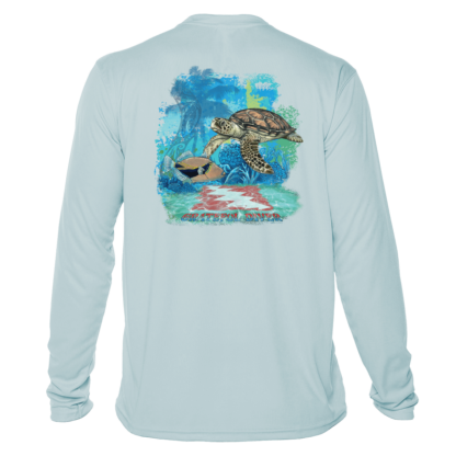 A long-sleeved Grateful Diver Aloha Turtle UV Shirt with an image of a turtle on the beach.
