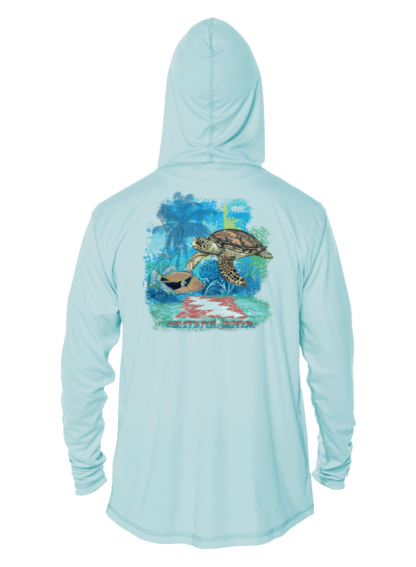 A Grateful Diver Aloha Turtle UV Hoodie with an image of a turtle in the ocean.