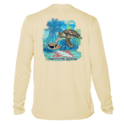 A Grateful Diver Aloha Turtle UV Shirt with an image of a turtle in the ocean.