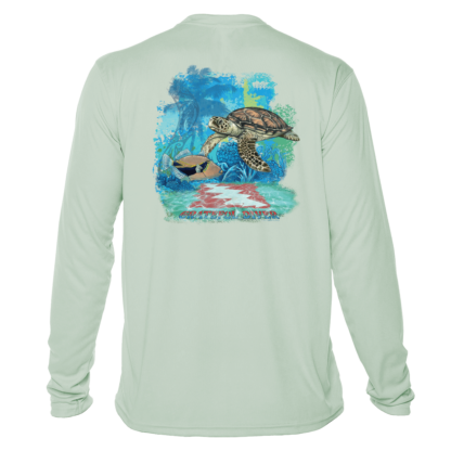 A men's long-sleeve Grateful Diver Aloha Turtle UV shirt with an image of a turtle.
