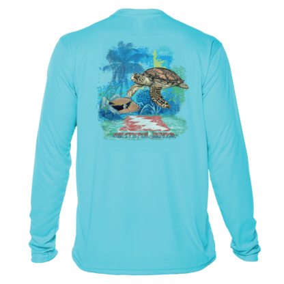 A Grateful Diver Aloha Turtle UV Shirt long sleeve t - shirt with an image of a turtle and a palm tree.