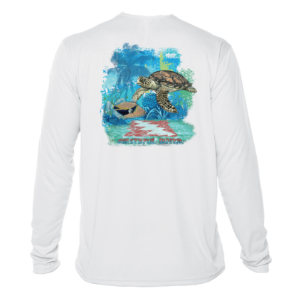 A Grateful Diver Aloha Turtle UV Shirt with an image of a turtle.