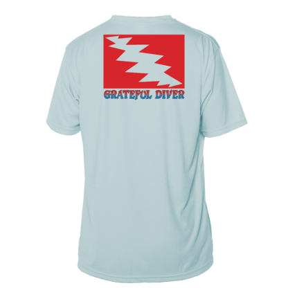 A light blue Grateful Diver Classic Short Sleeve UV Shirt with the words grateful river on it.