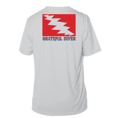 A white Grateful Diver Classic Short Sleeve UV Shirt with the words grateful river on it.
