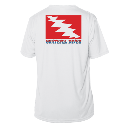 A white Grateful Diver Classic Short Sleeve UV Shirt with the words grateful river on it.