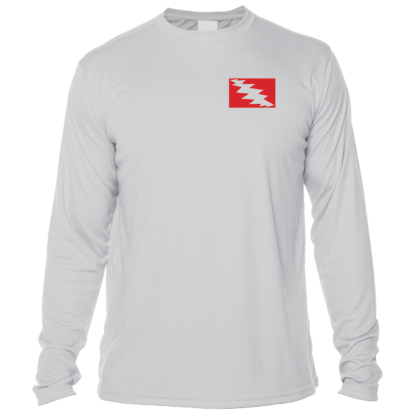A white long-sleeve Grateful Diver Skeleton Diver Short Sleeve UV Shirt with a red and white flag on it.