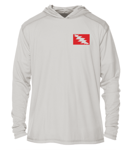 A Grateful Diver Skeleton Diver UV Hoodie with a red and white flag on it.