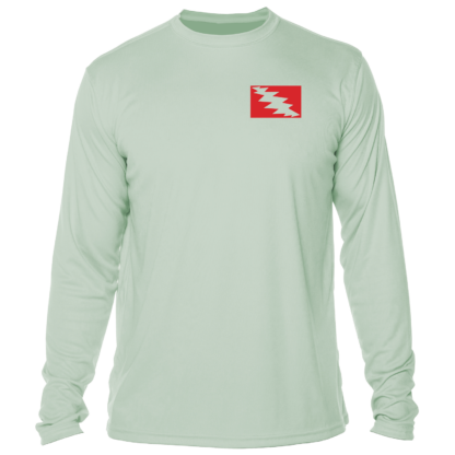 A Grateful Diver Skeleton Diver Short Sleeve UV shirt with a red and white flag on it.