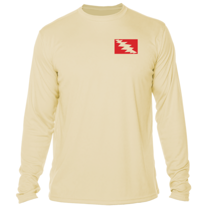 A beige long-sleeved Grateful Diver Skeleton Diver Short Sleeve UV Shirt with a red and white flag.