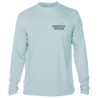 A light blue long-sleeve Grateful Angler Mountain Trout UV Shirt with the words 'charter anchors'.