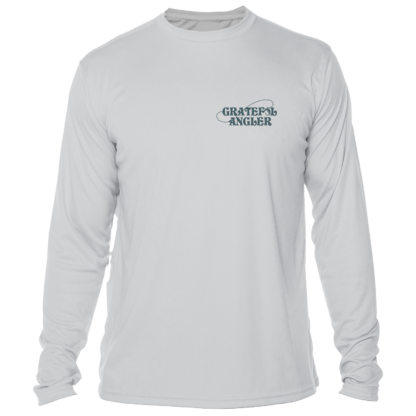 A Grateful Angler Mountain Trout UV Shirt with a logo on the front.