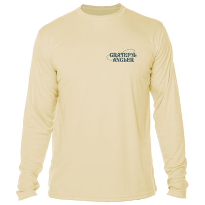A beige long-sleeve Grateful Angler Mountain Trout UV Shirt with a logo on the front.