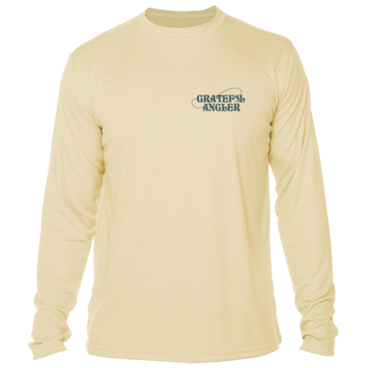 A Grateful Angler Lowcountry Redfish UV Shirt with a logo on the front.