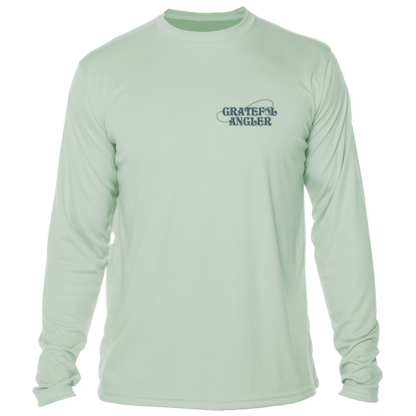 A Grateful Angler Keys Tarpon UV Shirt with a logo on the front.