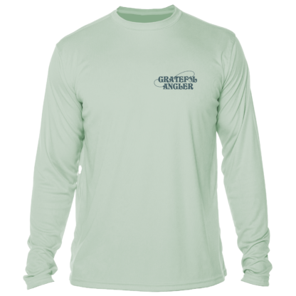 A Grateful Angler Mountain Trout UV shirt with a logo on the front.