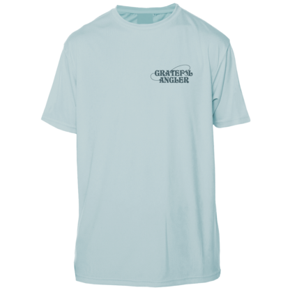 A light blue Grateful Angler Lowcountry Redfish Short Sleeve UV Shirt with the words 'genesis mariner' on it.