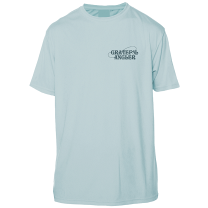 A light blue Grateful Angler Mountain Trout Short Sleeve UV Shirt with the words 'genesis mariner' on it.