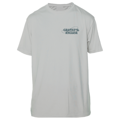 A gray Grateful Angler Mountain Trout Short Sleeve UV Shirt with the words 'greece mariner'on it.