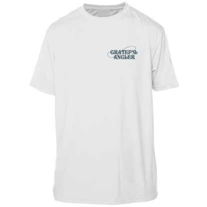 A Grateful Angler Mountain Trout Short Sleeve UV Shirt with a green logo on it.