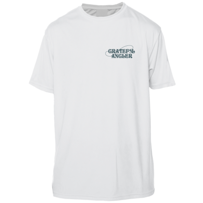 A Grateful Angler Lowcountry Redfish Short Sleeve UV Shirt with a green logo on it.