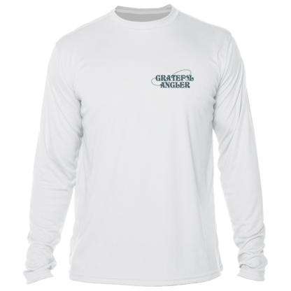 A white long-sleeve Grateful Angler Mountain Trout UV Shirt with the words charleston anglers on it.