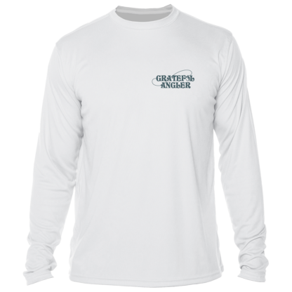 A white long-sleeve t-shirt with the words Grateful Angler Lowcountry Redfish UV Shirt on it.