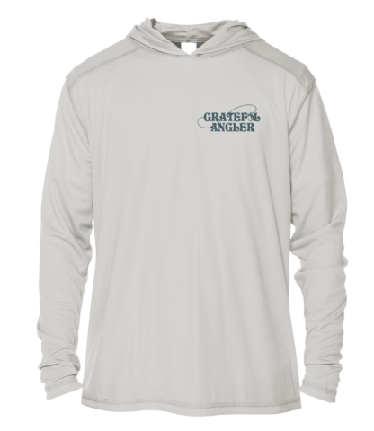 A gray Grateful Angler Mountain Trout UV Hoodie with the words craigslist hoodie.