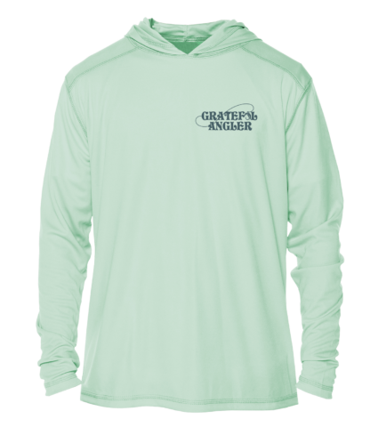 A Grateful Angler Mountain Trout UV Hoodie with a logo on it.