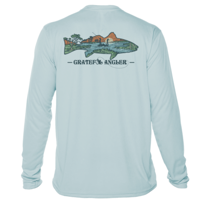 A Grateful Angler Lowcountry Redfish UV Shirt with an image of a rainbow trout.