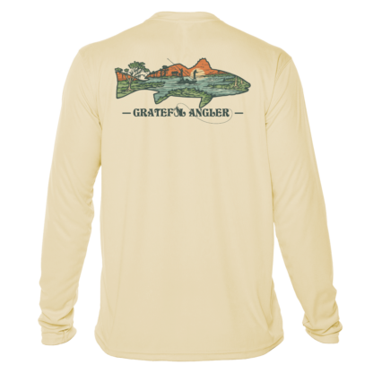 A Grateful Angler Lowcountry Redfish UV Shirt with an image of a river and a fish.