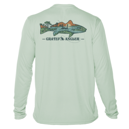 A Grateful Angler Lowcountry Redfish UV Shirt with an image of a rainbow trout.