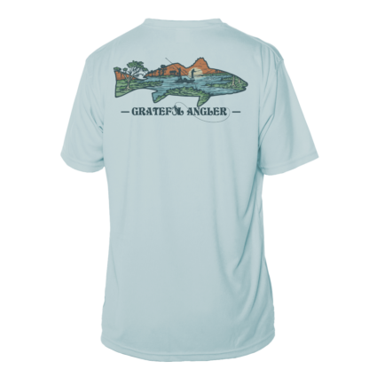 A Grateful Angler Lowcountry Redfish Short Sleeve UV Shirt with an image of a fish.