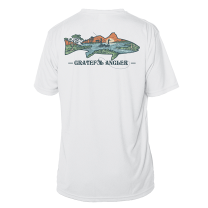 A Grateful Angler Lowcountry Redfish Short Sleeve UV Shirt with an image of a trout on it.