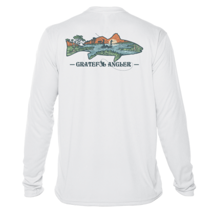 A Grateful Angler Lowcountry Redfish UV Shirt with an image of a trout.