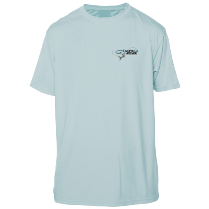 A light blue Grateful Angler Skeleton Anglers Short Sleeve UV Shirt with an arrow on it.