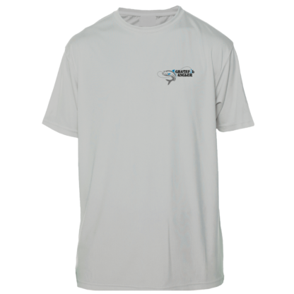 A Grateful Angler Skeleton Anglers Short Sleeve UV Shirt with a blue logo on it.