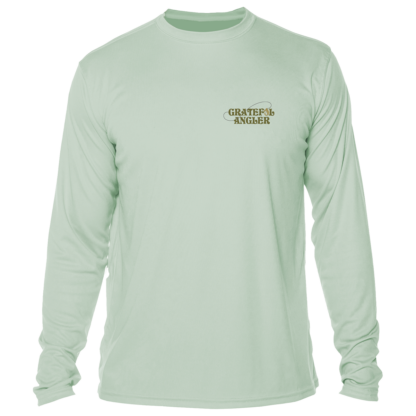 A Grateful Angler Mountain Fishing UV Shirt with a gold logo.