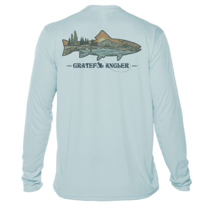 A light blue long-sleeve Grateful Angler Mountain Trout UV Shirt with an image of a fish.