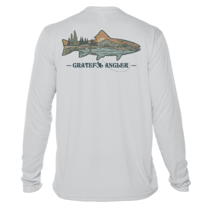 A Grateful Angler Mountain Trout UV Shirt with an image of a fish.