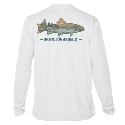 A Grateful Angler Mountain Trout UV Shirt with an image of a fish.