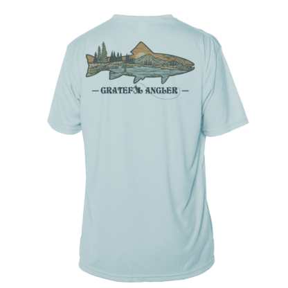 A Grateful Angler Mountain Trout Short Sleeve UV Shirt with an image of a fish.