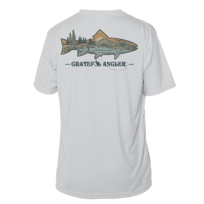 A Grateful Angler Mountain Trout Short Sleeve UV Shirt with an image of a fish and trees.