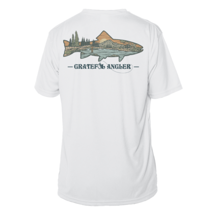 A Grateful Angler Mountain Trout Short Sleeve UV Shirt with an image of a fish and trees.