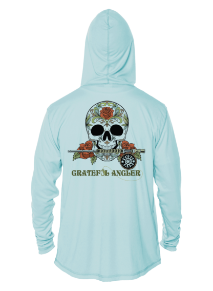 A light blue Grateful Angler Sugar Skull UV Hoodie with a skull and roses on it.