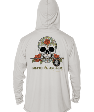 A Grateful Angler Sugar Skull UV Hoodie with a skull and roses on it.