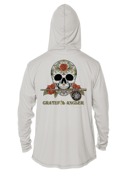 A Grateful Angler Sugar Skull UV Hoodie with a skull and roses on it.