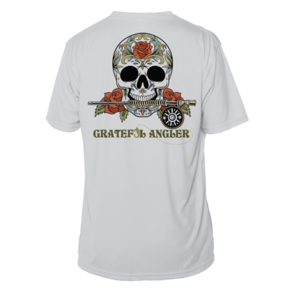A Grateful Angler Fly Fishing Sugar Skull Short Sleeve UV Shirt with roses on it.