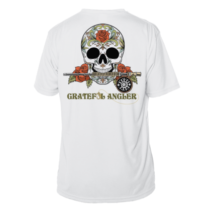 A Grateful Angler Fly Fishing Sugar Skull Short Sleeve UV Shirt with roses on it.