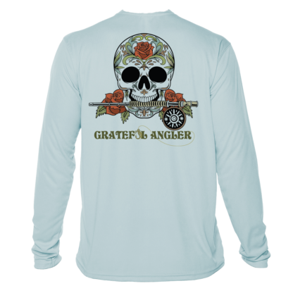 A Grateful Angler Fly Fishing Sugar Skull UV Shirt with a skull and roses on it.