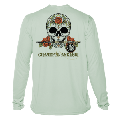 A Grateful Angler Fly Fishing Sugar Skull UV Shirt with a skull and roses on it.